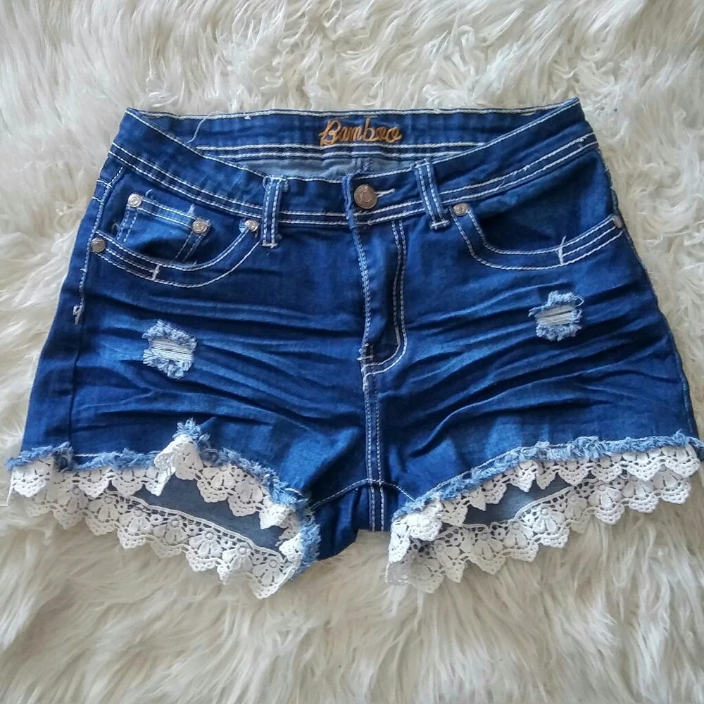Bamboo Lace Trim Denim Shorts